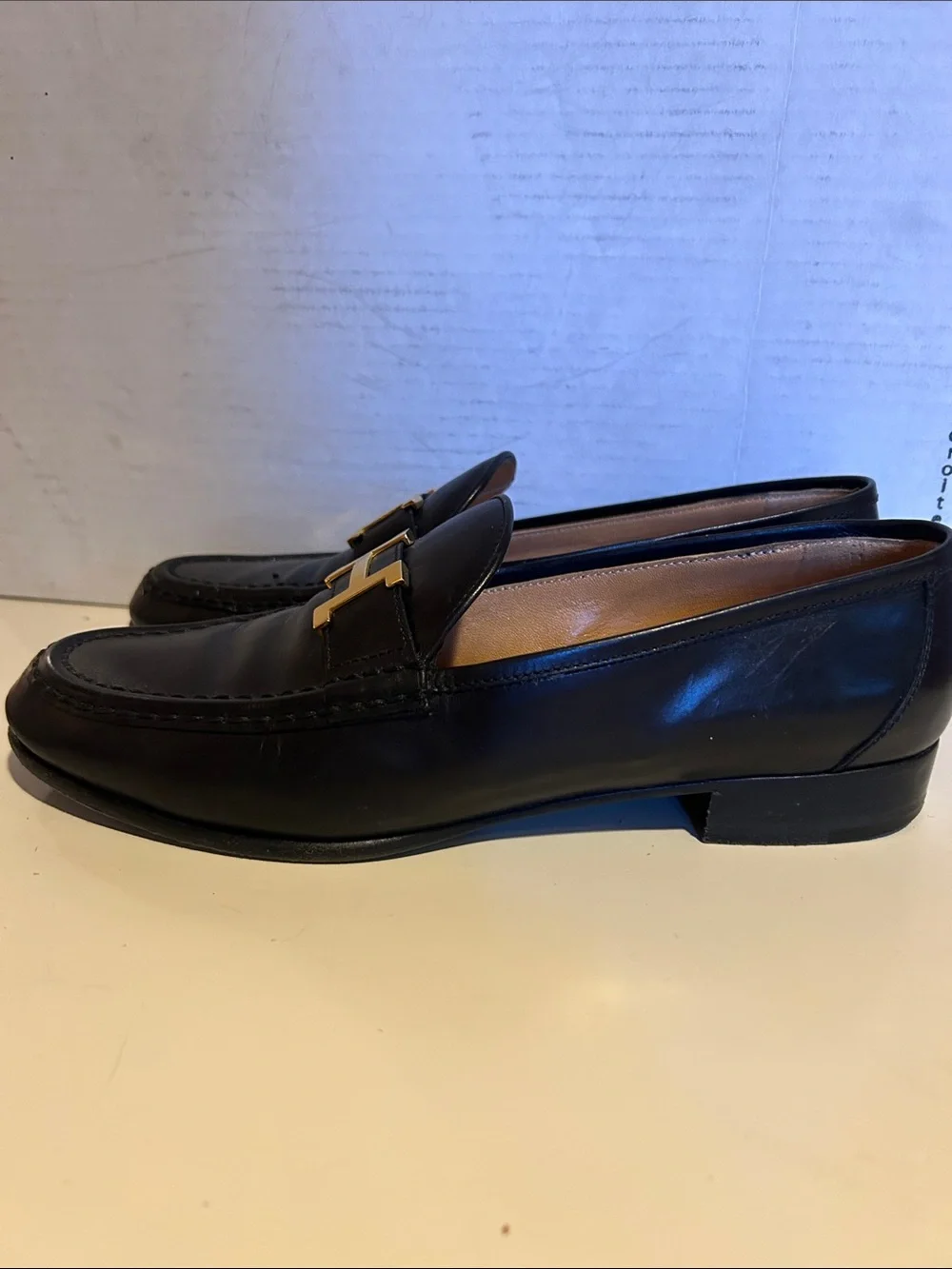 Hermes Black Leather Loafers with Gold H-Bit
